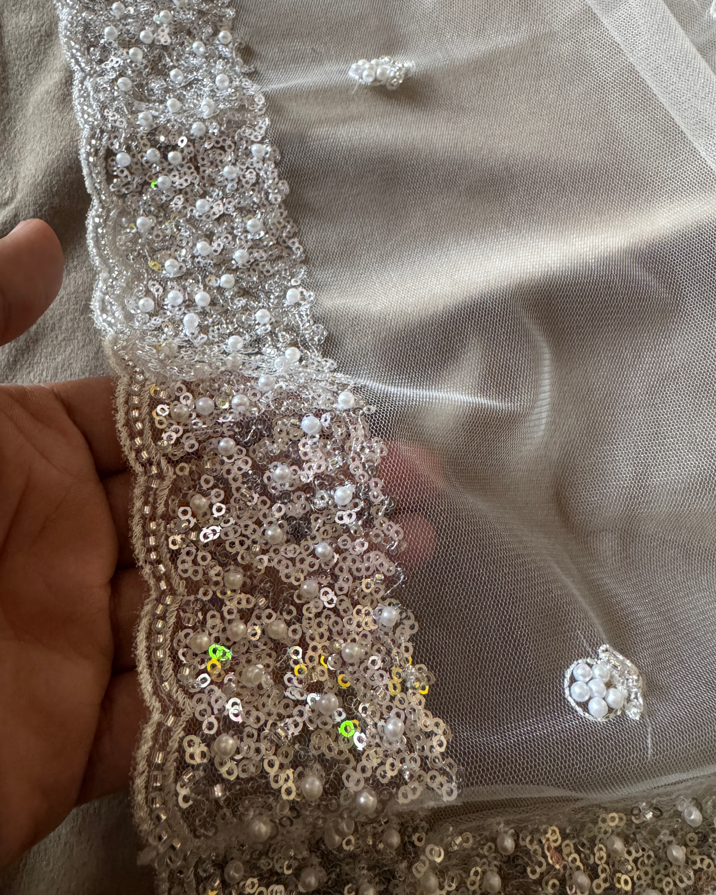 White Net Bridal Dupatta with Silver Sequins and Pearl Embellishments