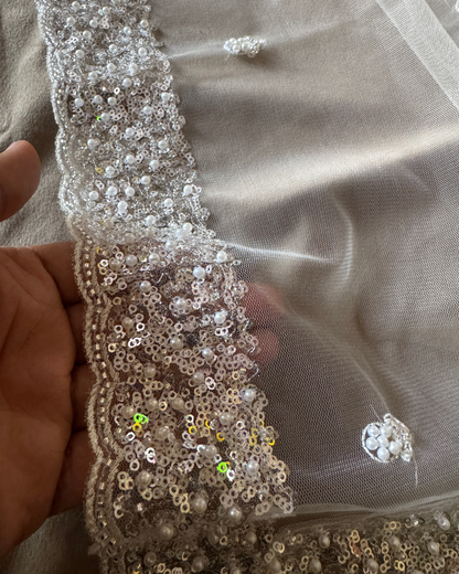 White Net Bridal Dupatta with Silver Sequins and Pearl Embellishments