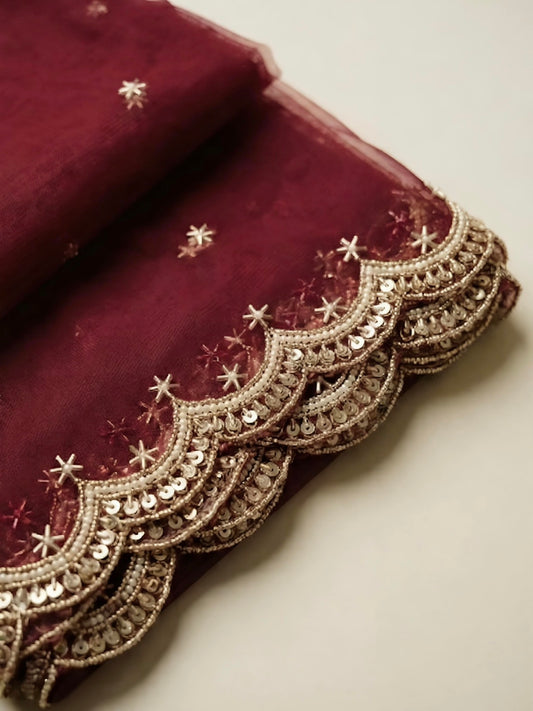 Maroon Net Bridal Dupatta with Beads Work – Wedding Wear