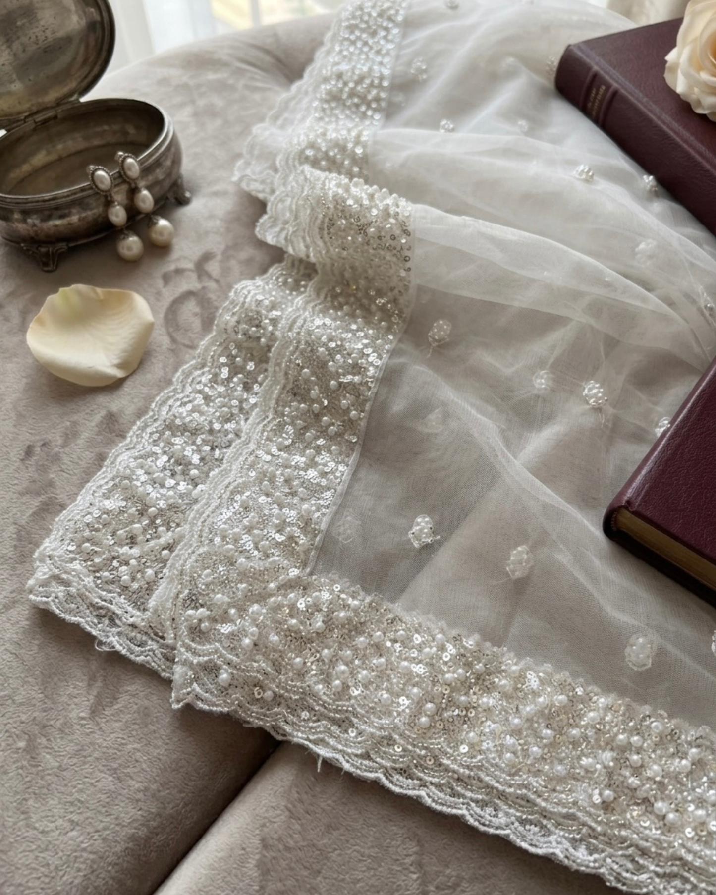 White Net Bridal Dupatta with Silver Sequins and Pearl Embellishments