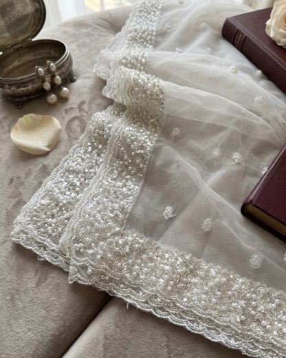 White Net Bridal Dupatta with Silver Sequins and Pearl Embellishments