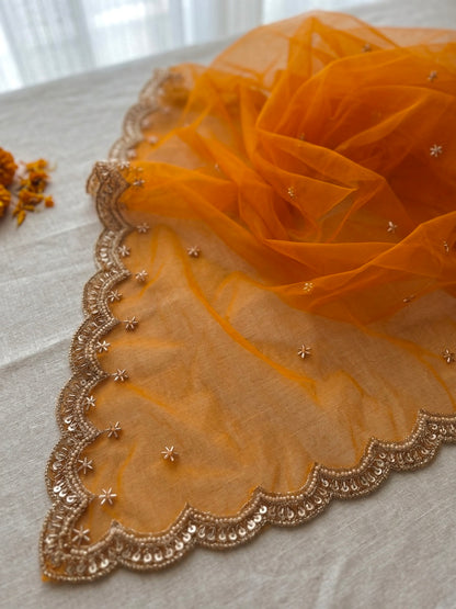 Orange Net Cutwork Dupatta with Beads & Zari Embroidery – Festive Ethnic Wear