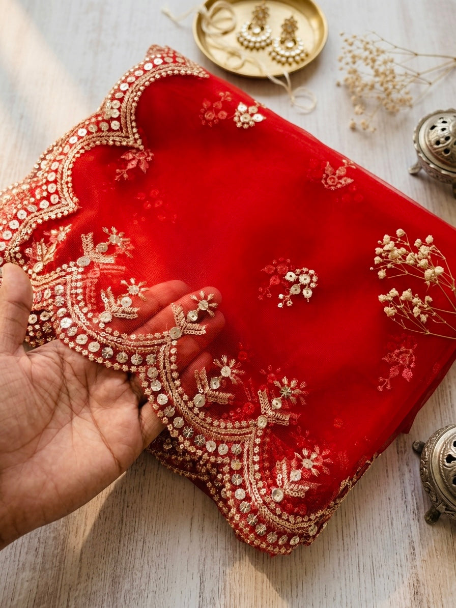 Red Bridal Net Dupatta with Sequins & Zari Cutwork Border