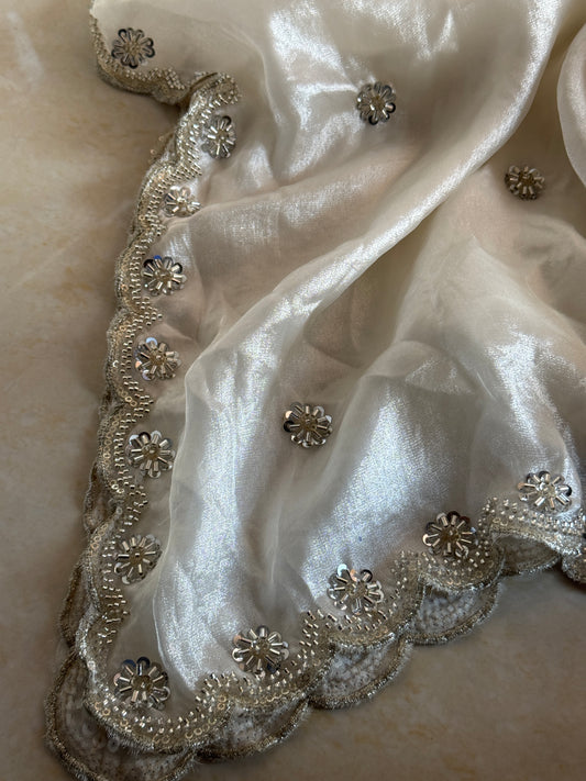 Off White Fendi Silk Dupatta with Silver Beadwork