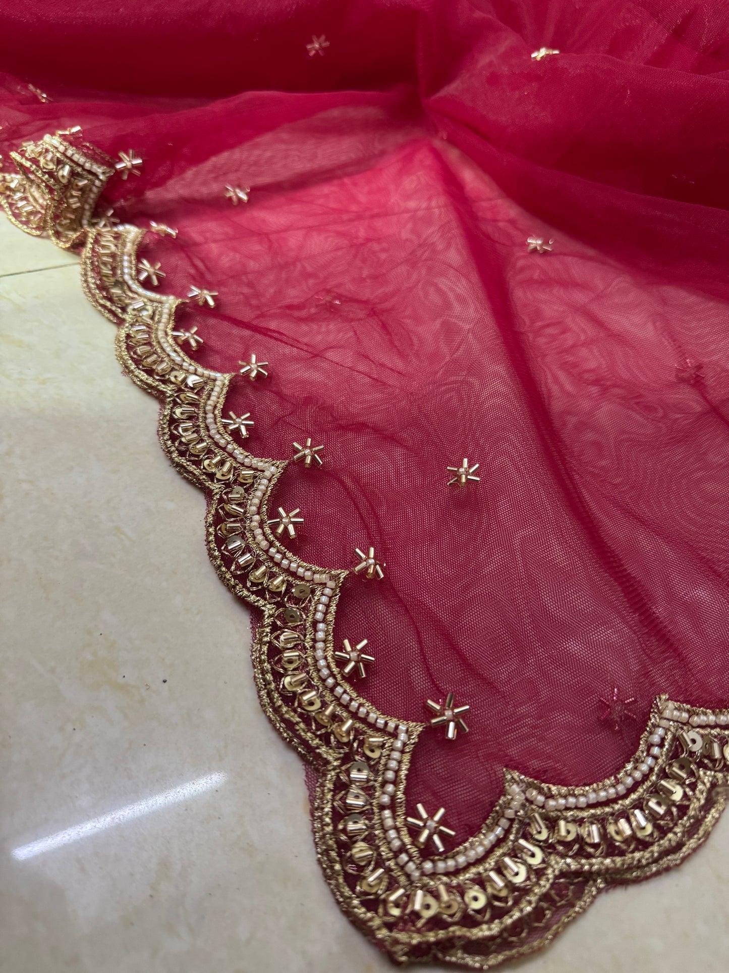 Maroon Net Bridal Dupatta with Beads Work – Wedding Wear
