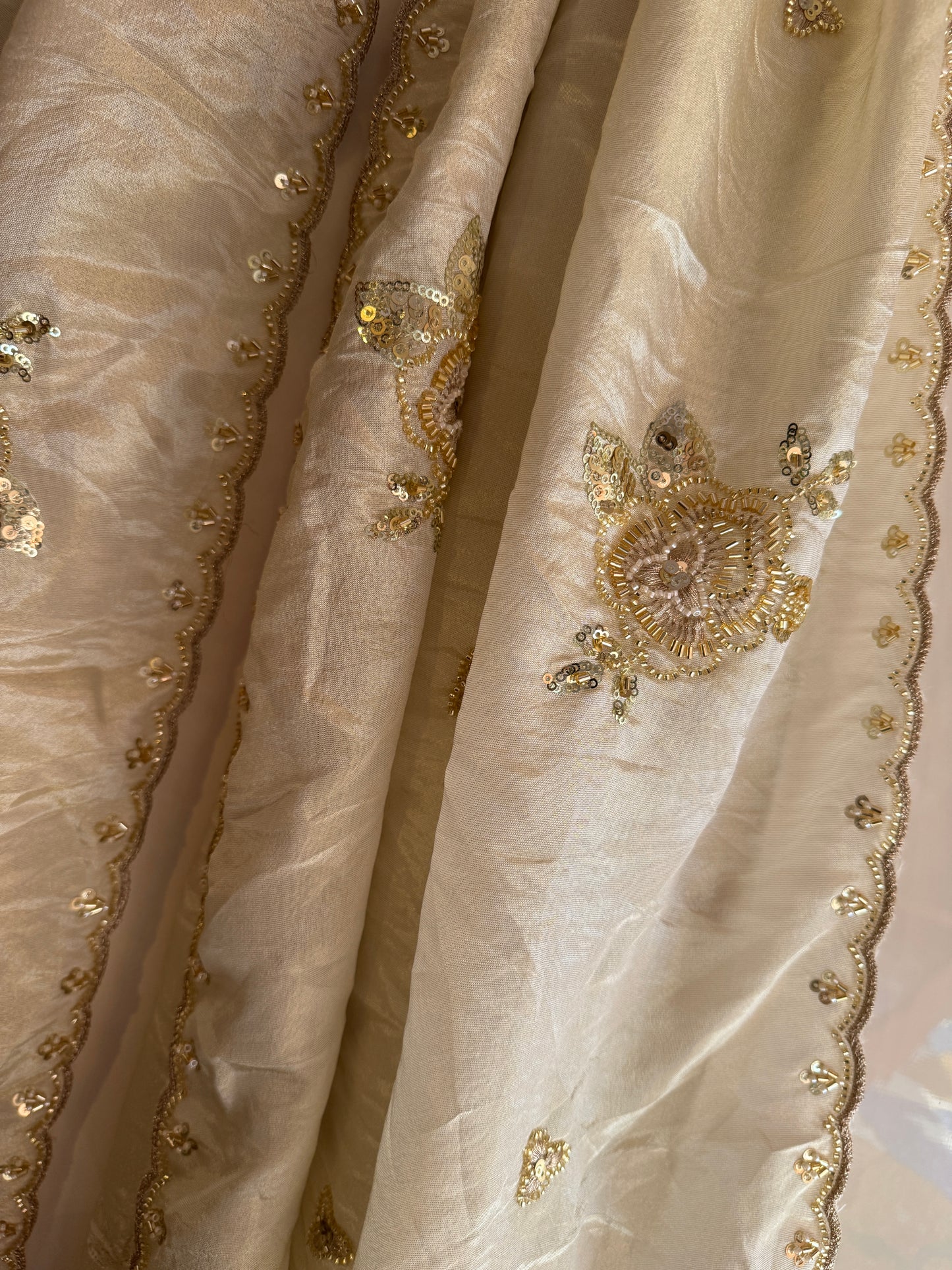 Golden Tissue Dupatta with Beads & Sequins Handwork – Bridal Partywear Dupatta