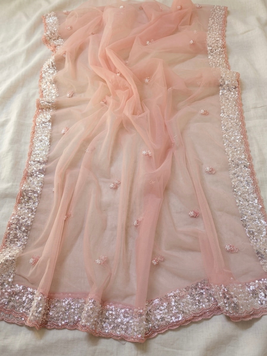 Light Pink Net Dupatta with Silver Sequin & Pearl Work