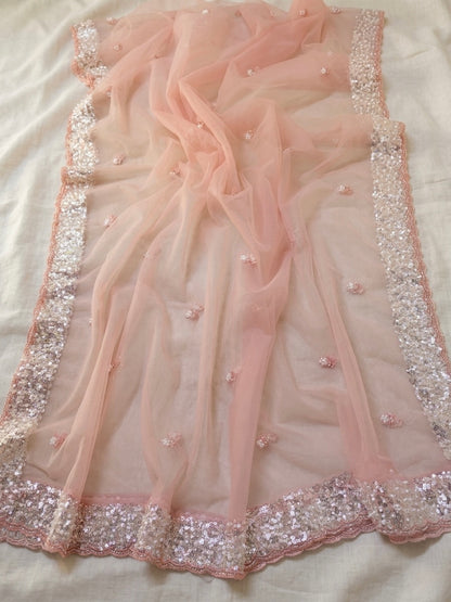 Light Pink Net Dupatta with Silver Sequin & Pearl Work