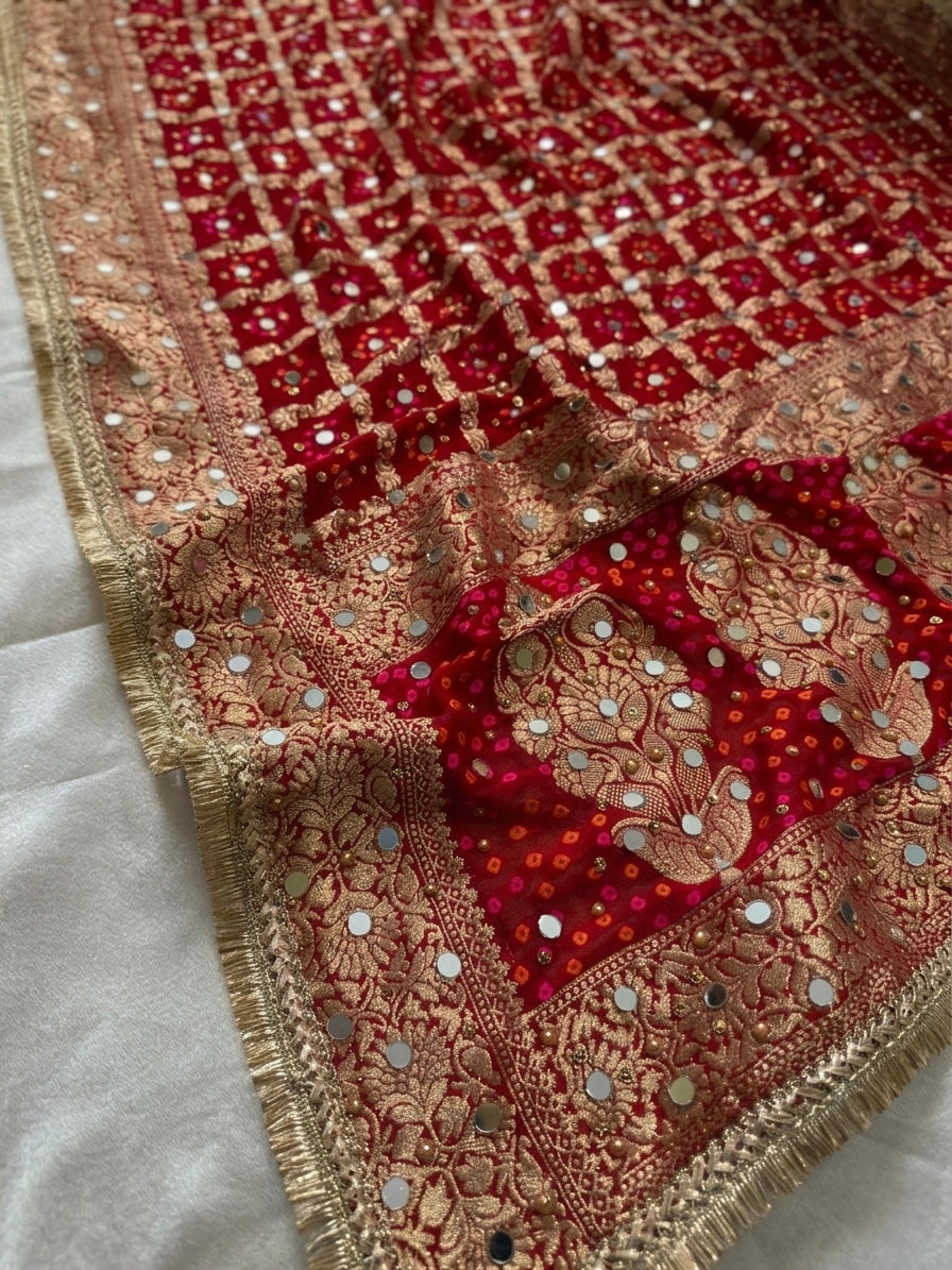 Red Banarasi Georgette Bridal Dupatta with Mirror Work