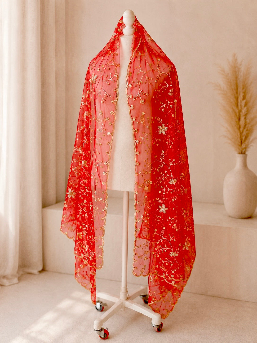 Heavy Red Bridal Net Dupatta with Sequin & Bead Embroidery