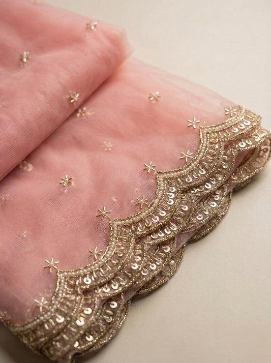 Pink Designer Net Dupatta with Zari Work and Beaded Cutwork Border