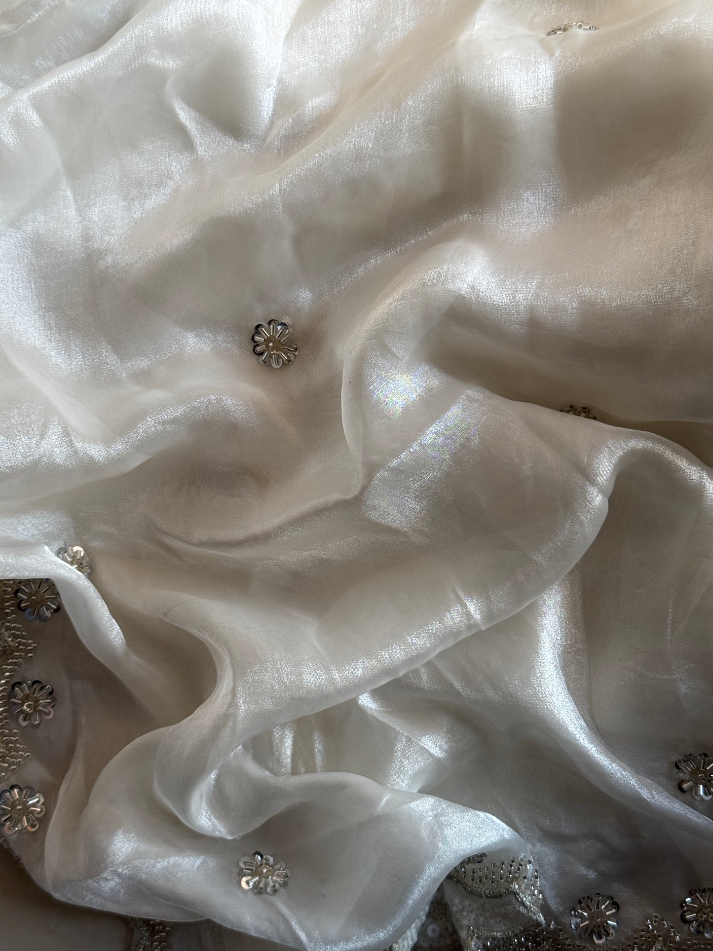 Off White Fendi Silk Dupatta with Silver Beadwork