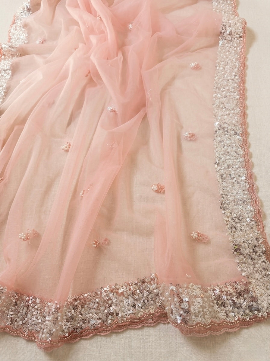 Light Pink Net Dupatta with Silver Sequin & Pearl Work