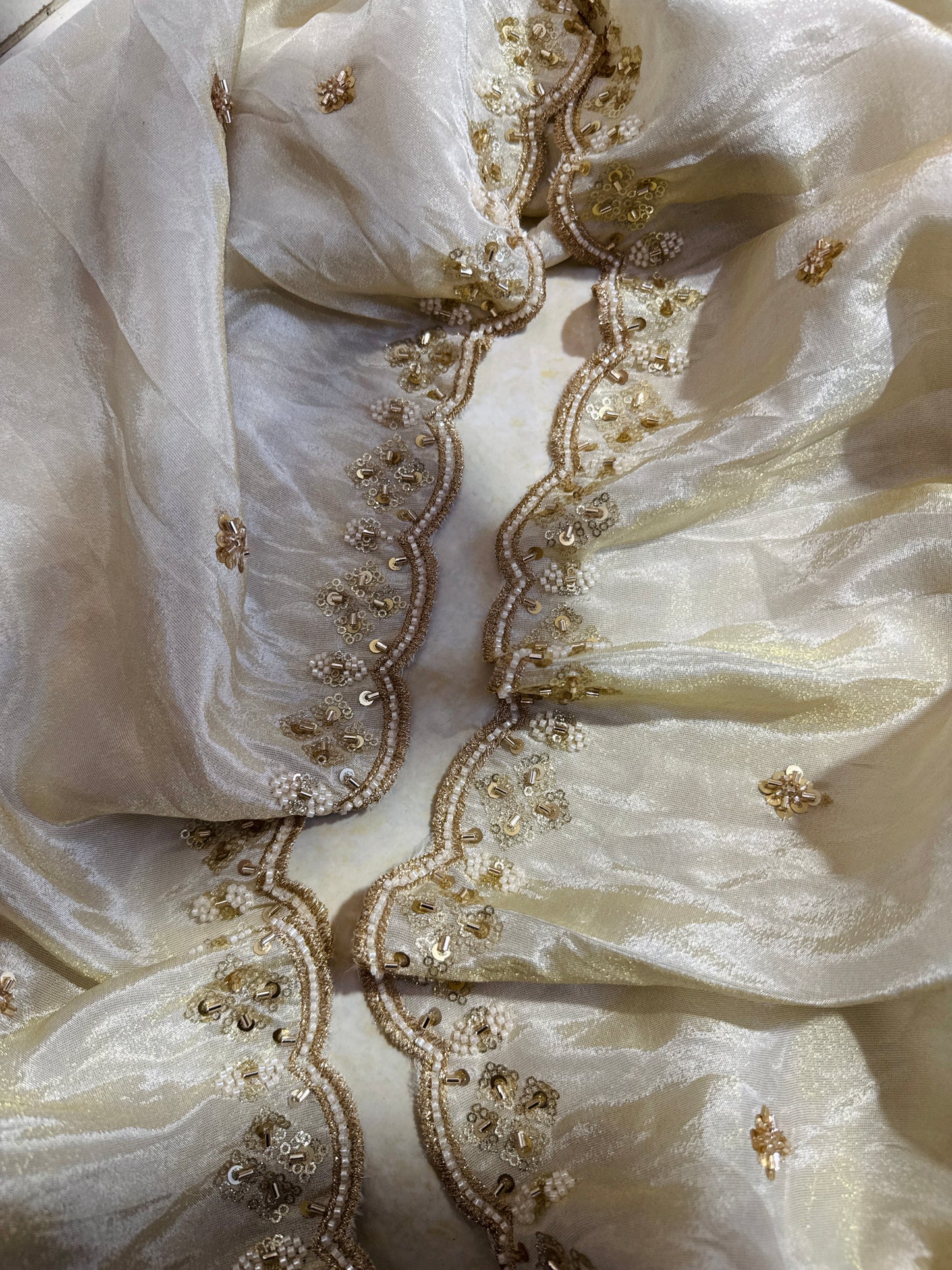 “Golden Tissue Dupatta with Beads & Zari Work