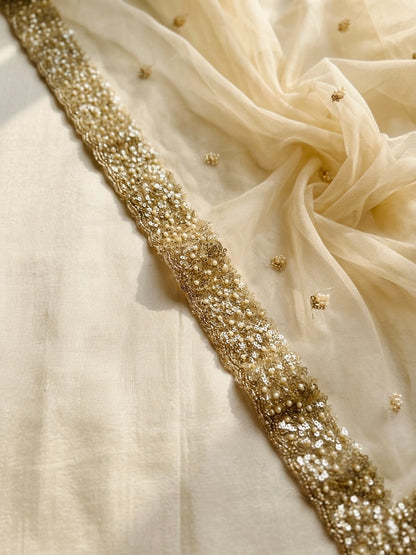 Bridal Golden Net Dupatta with Sequins & Beads Cutwork