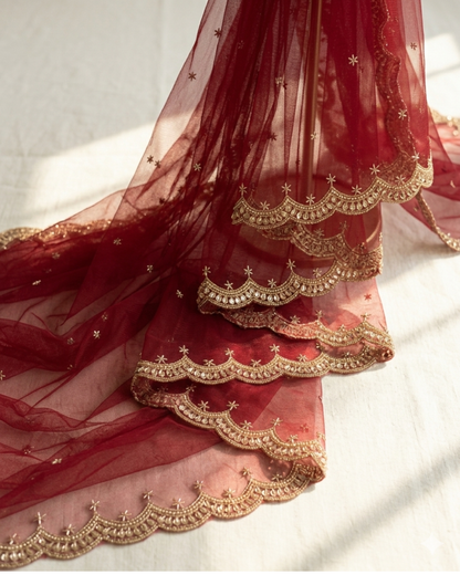 Maroon Net Bridal Dupatta with Beads Work – Wedding Wear
