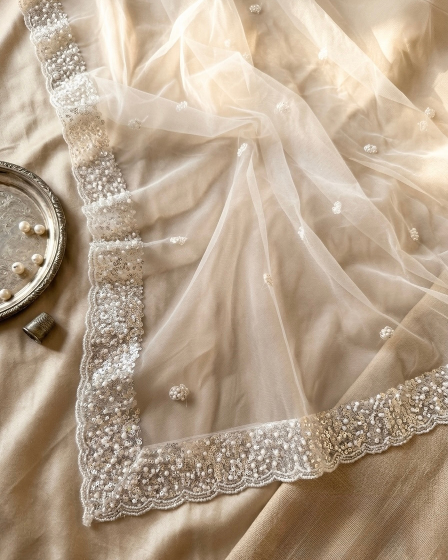White Net Bridal Dupatta with Silver Sequins and Pearl Embellishments