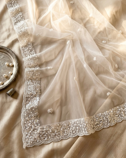 White Net Bridal Dupatta with Silver Sequins and Pearl Embellishments