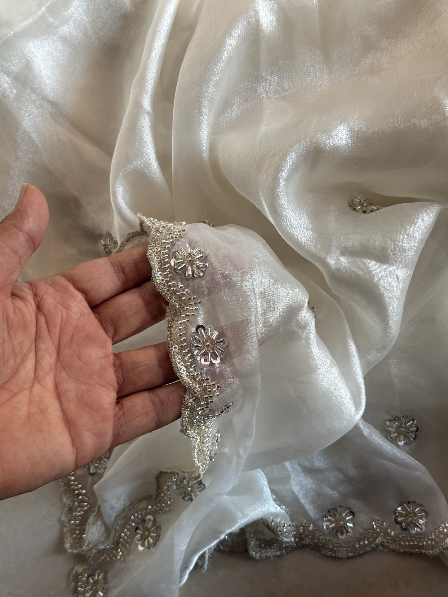 Off White Fendi Silk Dupatta with Silver Beadwork