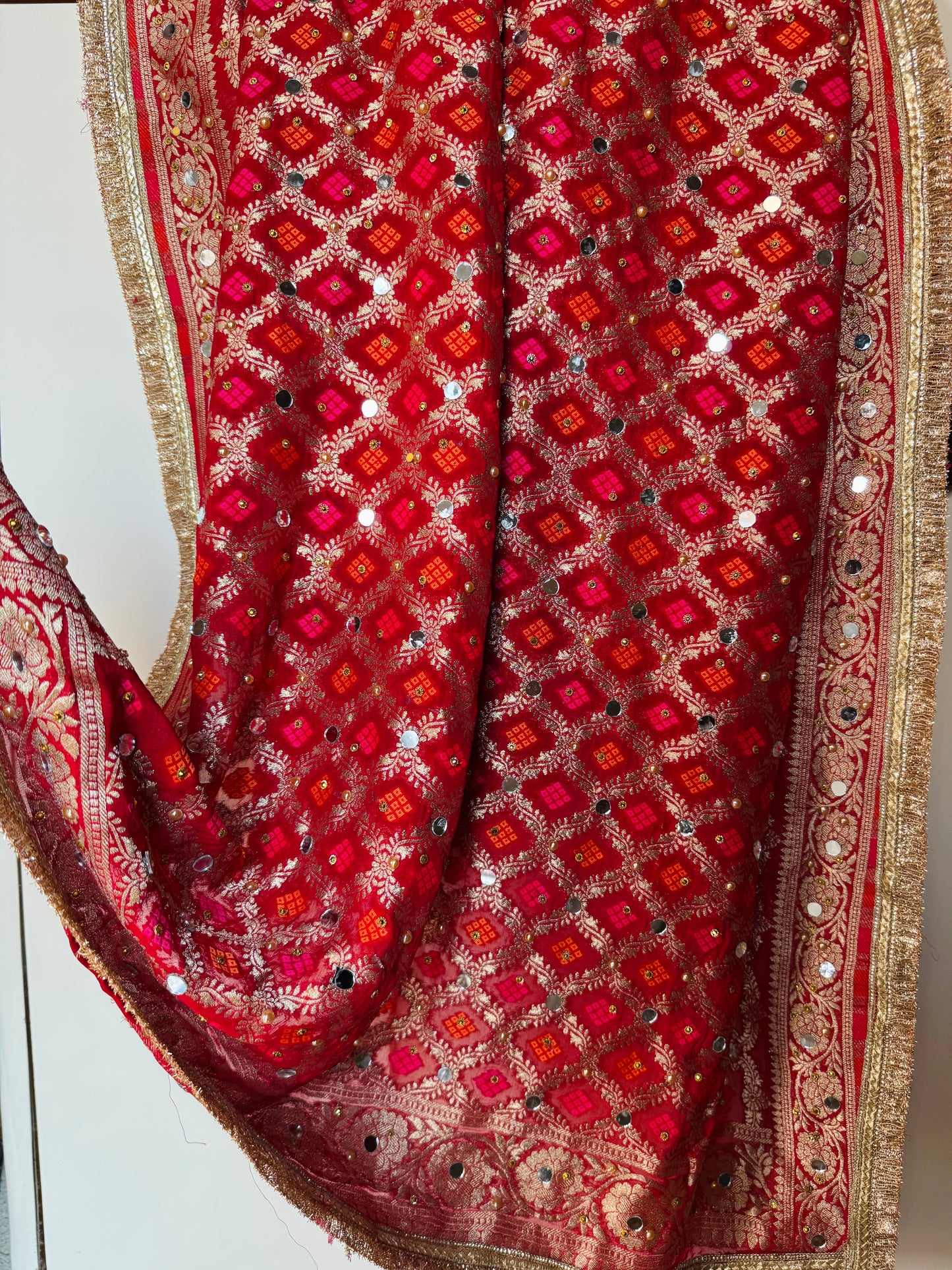 Red Banarasi Georgette Dupatta with Mirror & Stone Work – Festive & Wedding Wear