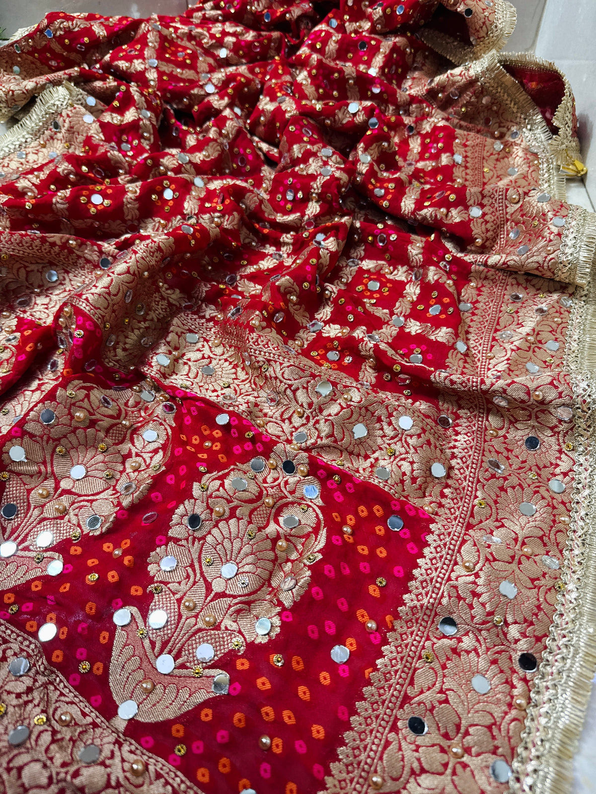 Red Banarasi Georgette Bridal Dupatta with Mirror Work