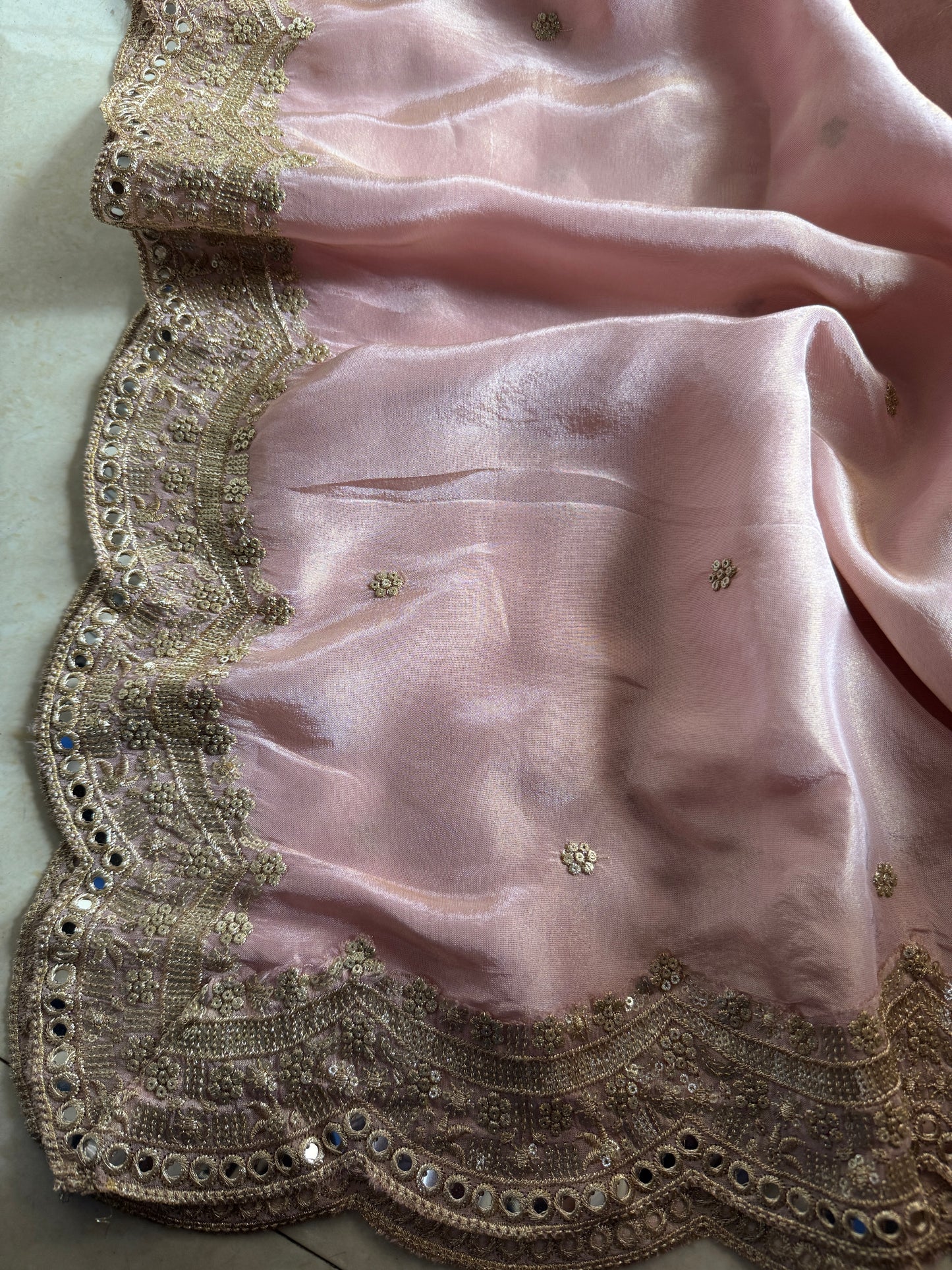 Pink Tissue Dupatta with Zari & Mirror Work – 2.5 Meter Elegant Partywear Dupatta for Women