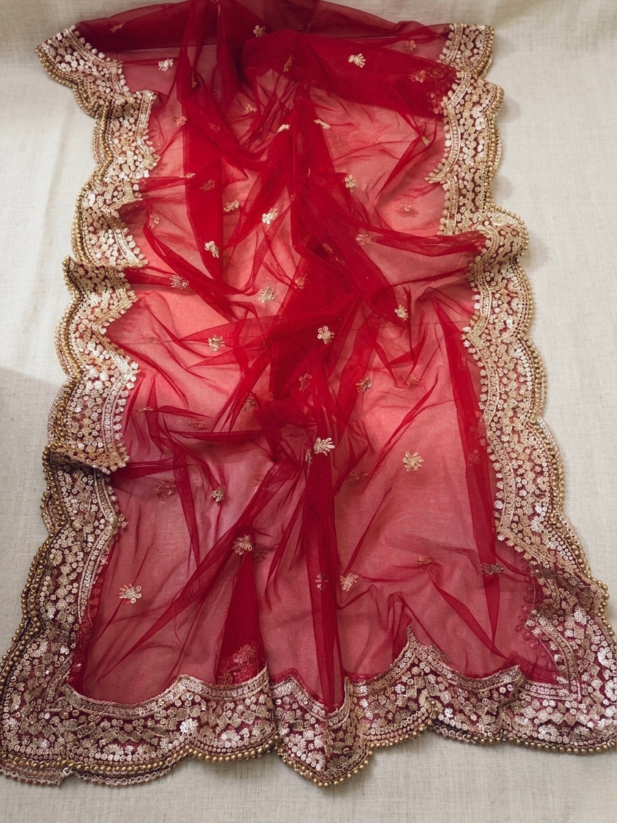 Maroon Net Bridal Dupatta with Zari Embroidery & Moti Border