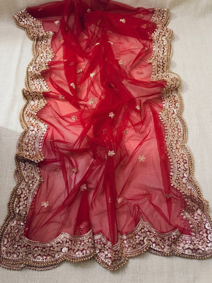 Maroon Net Bridal Dupatta with Zari Embroidery & Moti Border