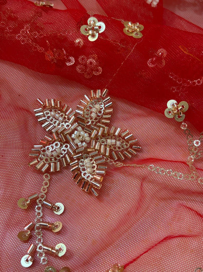Heavy Red Bridal Net Dupatta with Sequin & Bead Embroidery