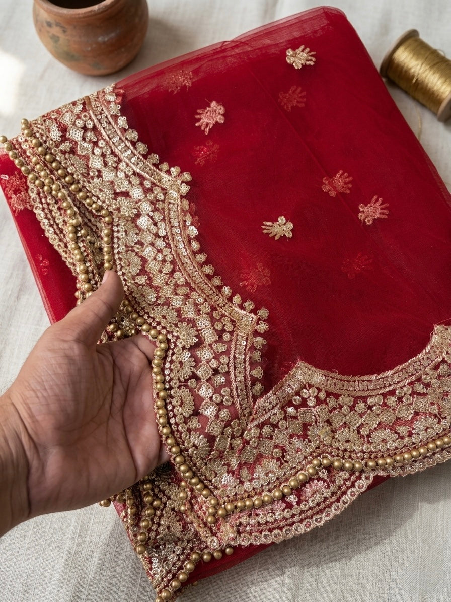 Maroon Net Bridal Dupatta with Zari Embroidery & Moti Border