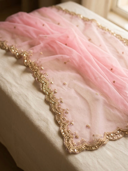 Light Pink Bridal Net Dupatta with Cutwork Border
