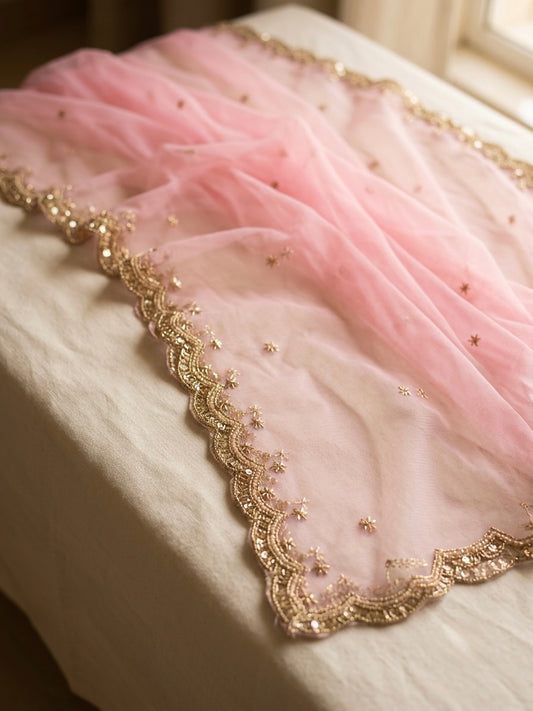 Light Pink Bridal Net Dupatta with Cutwork Border