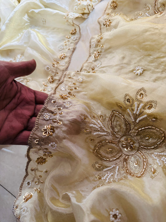 Golden Tissue Silk Dupatta with Beads & Zari Work | Festive & Wedding Wear