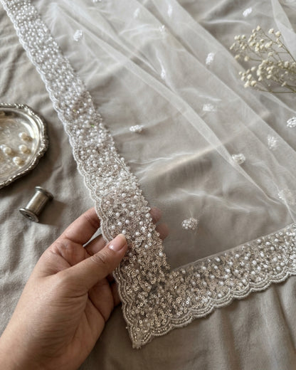 White Net Bridal Dupatta with Silver Sequins and Pearl Embellishments