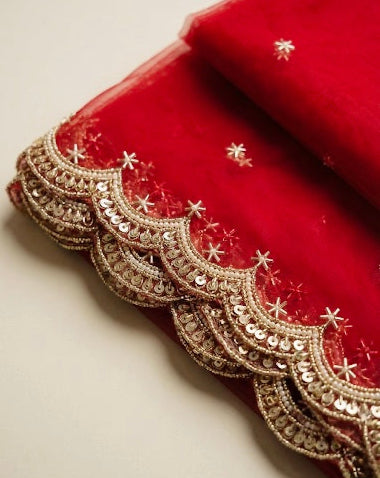Red Bridal Net Dupatta with Zari & Beads Work – Wedding & Festive Wear