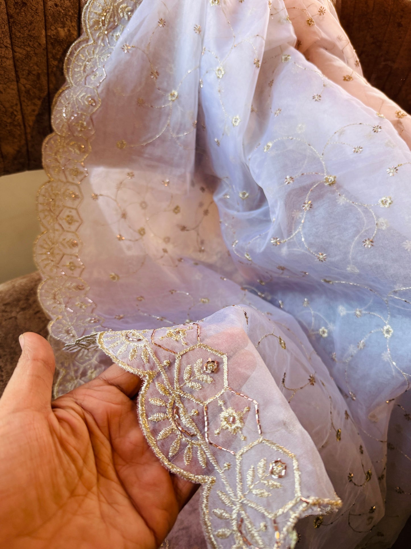 White Organza Dupatta for Women | Zari Embroidery & Beads Cutwork Border | Bridal Wrap