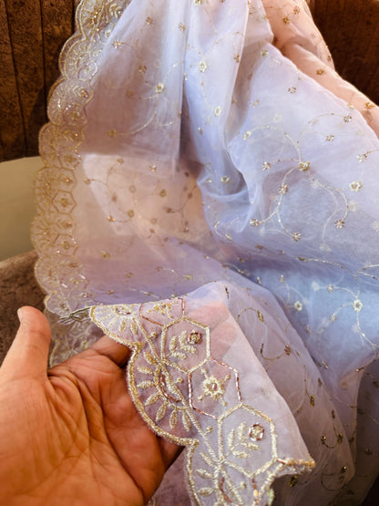 White Organza Dupatta for Women | Zari Embroidery & Beads Cutwork Border | Bridal Wrap