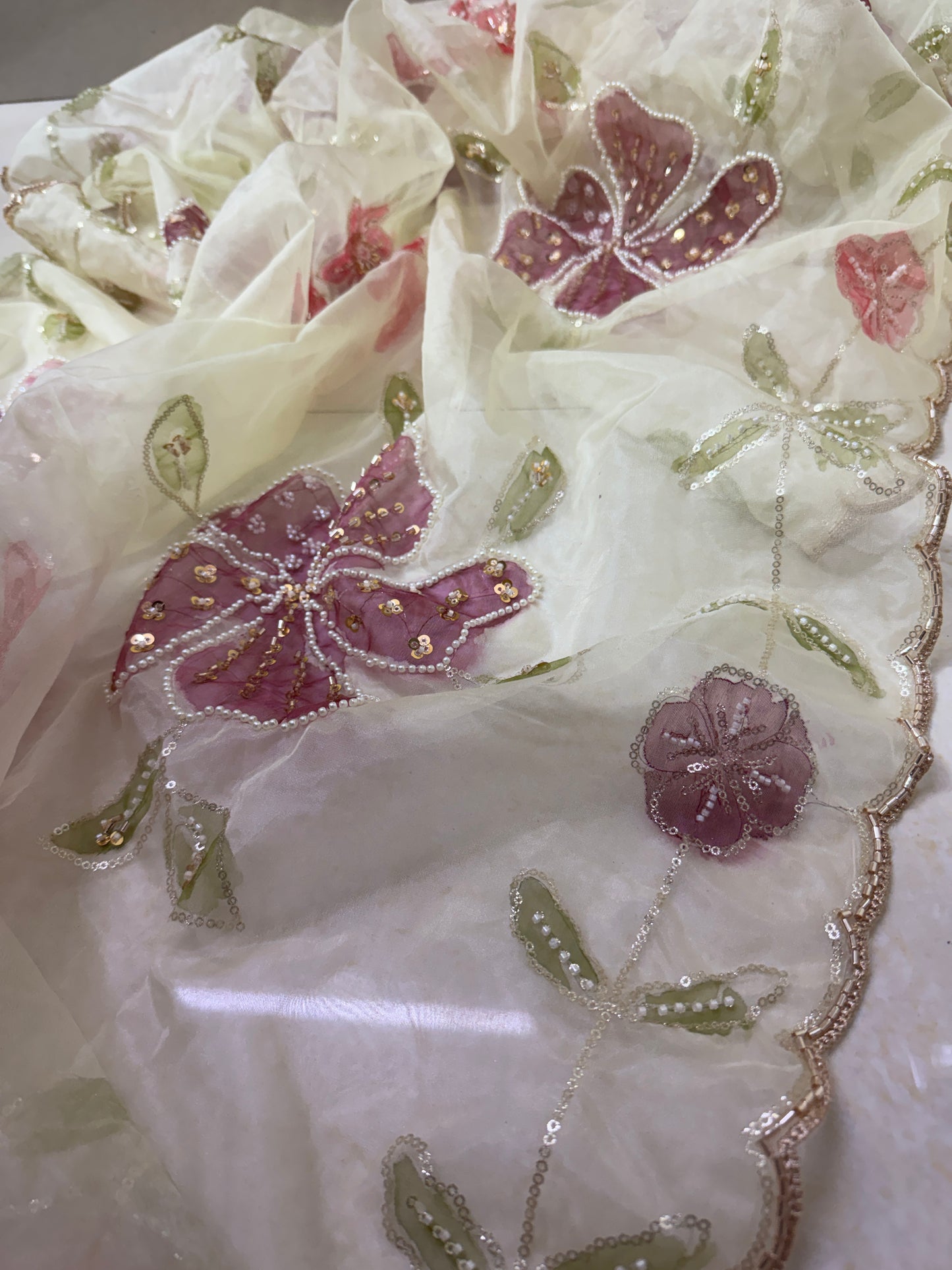 Organza Handpainted Dupatta – Designer Floral Dupatta