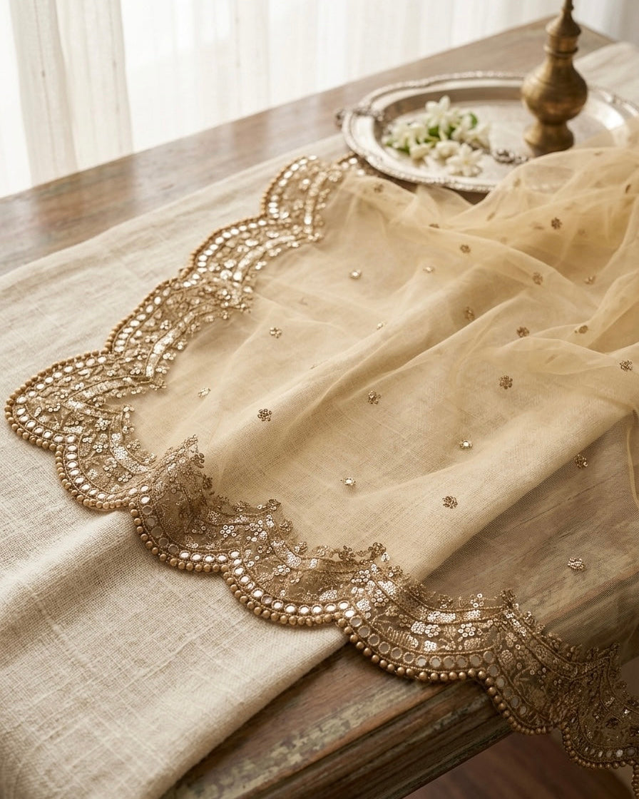 Golden Bridal Net Dupatta with Zari & Mirror Work