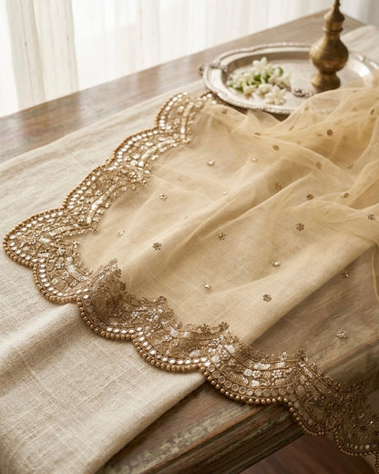 Golden Bridal Net Dupatta with Zari & Mirror Work