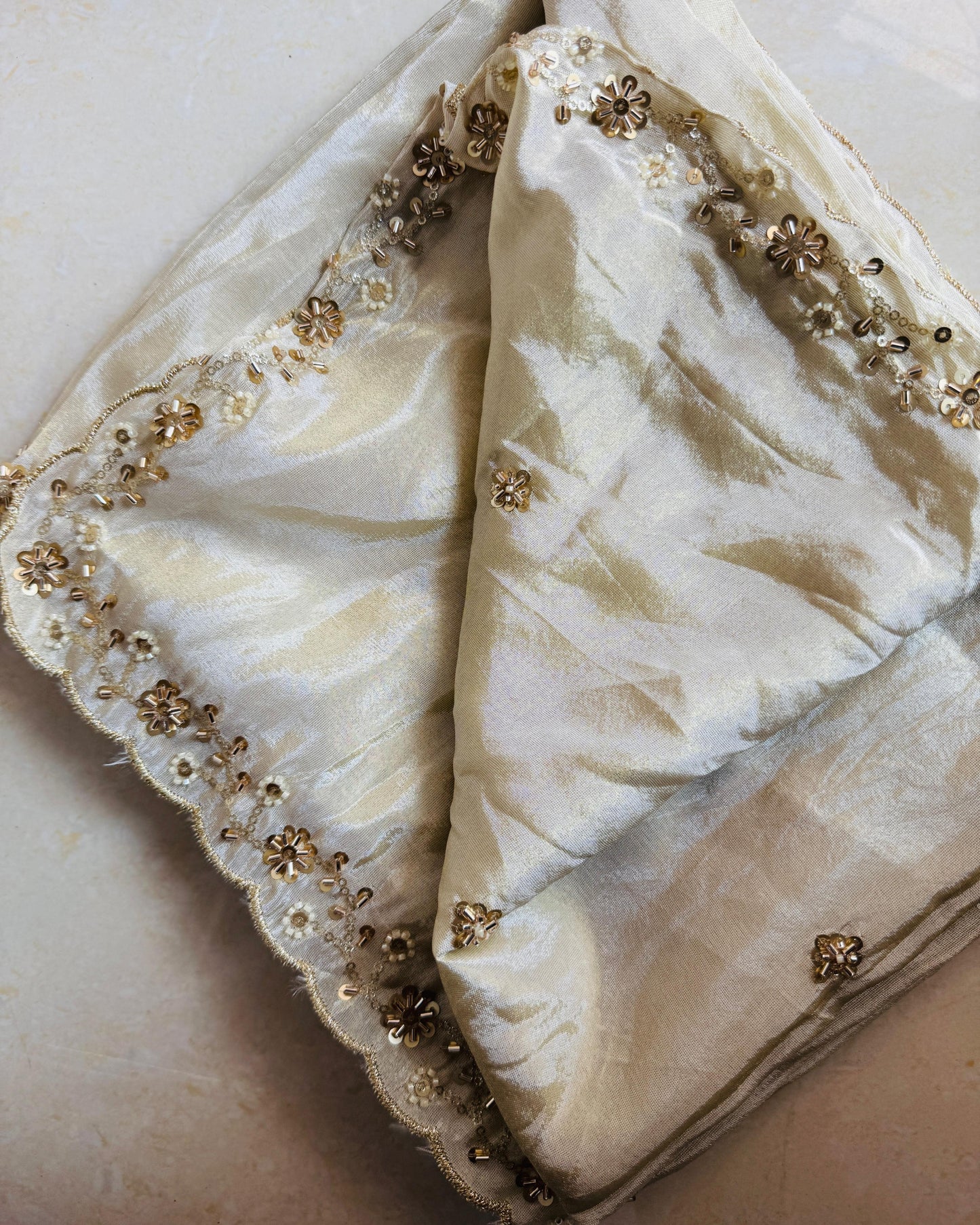 Golden Beaded Tissue Dupatta – Festive & Wedding Wear