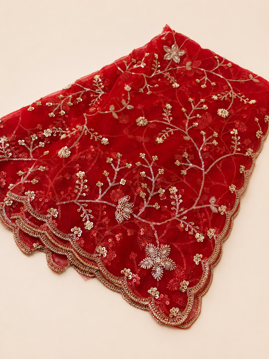 Heavy Red Bridal Net Dupatta with Sequin & Bead Embroidery