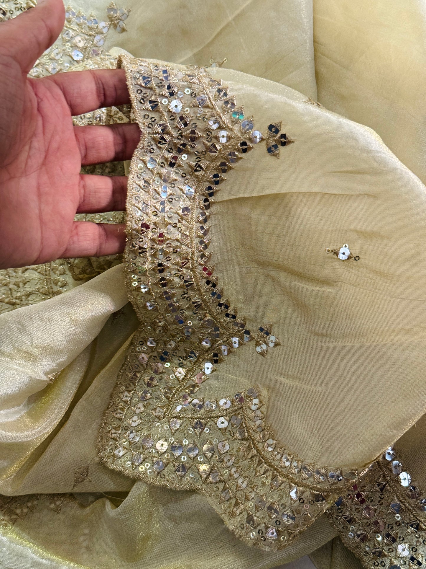 Golden Tissue Zari & Sequins Work Dupatta – Party & Bridal Wear