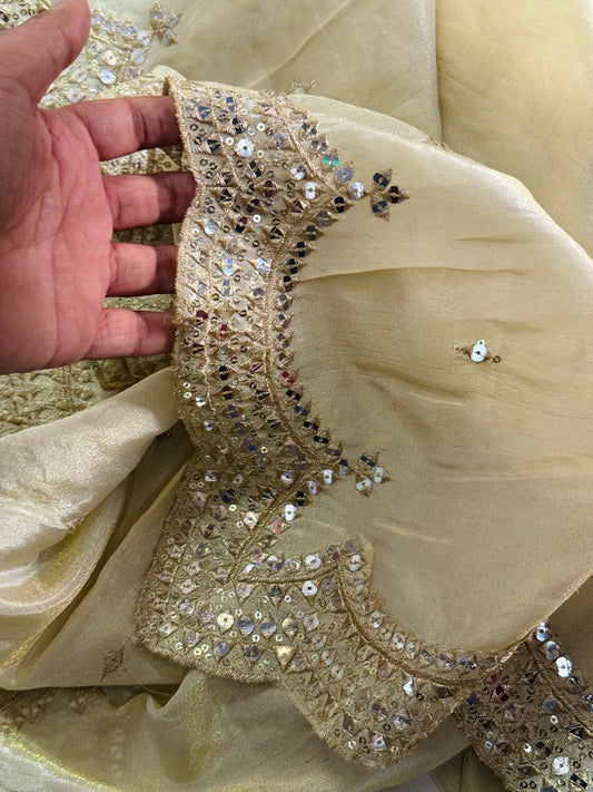 Golden Tissue Zari & Sequins Work Dupatta – Party & Bridal Wear