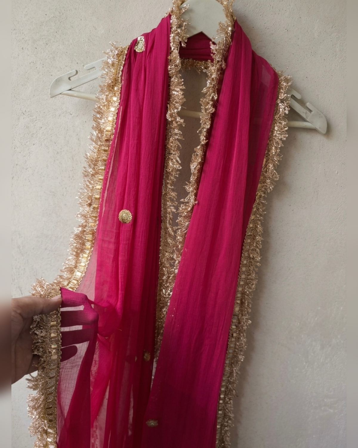 Rani Pink Chiffon Dupatta with Golden Zari Border | 2.5 Meter Lightweight Ethnic Wedding Dupatta