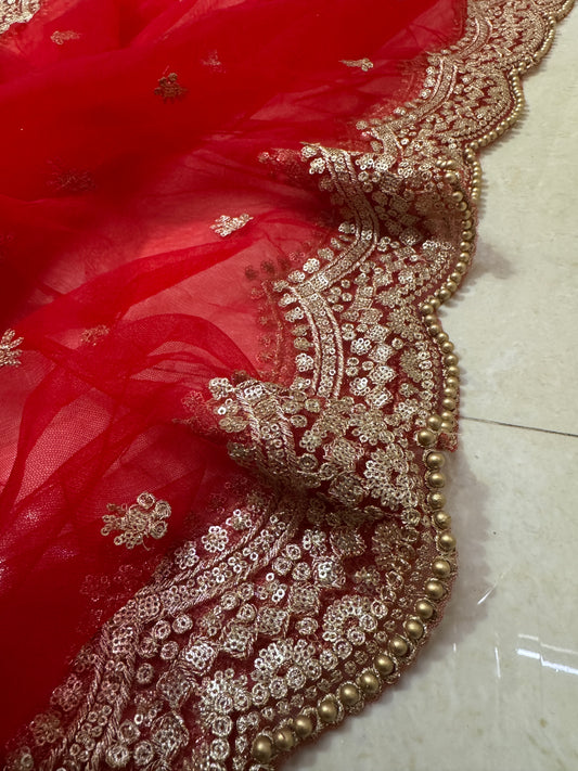 Red Bridal Net Dupatta with Zari & Moti Cutwork Embroidery