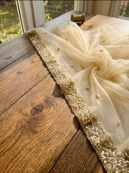 Bridal Golden Net Dupatta with Sequins & Beads Cutwork