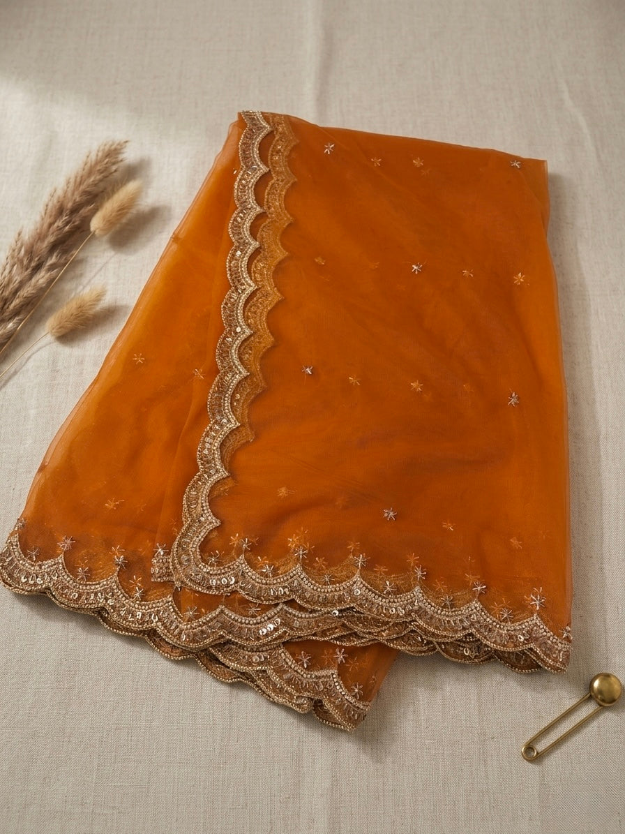 Orange Net Cutwork Dupatta with Beads & Zari Embroidery – Festive Ethnic Wear