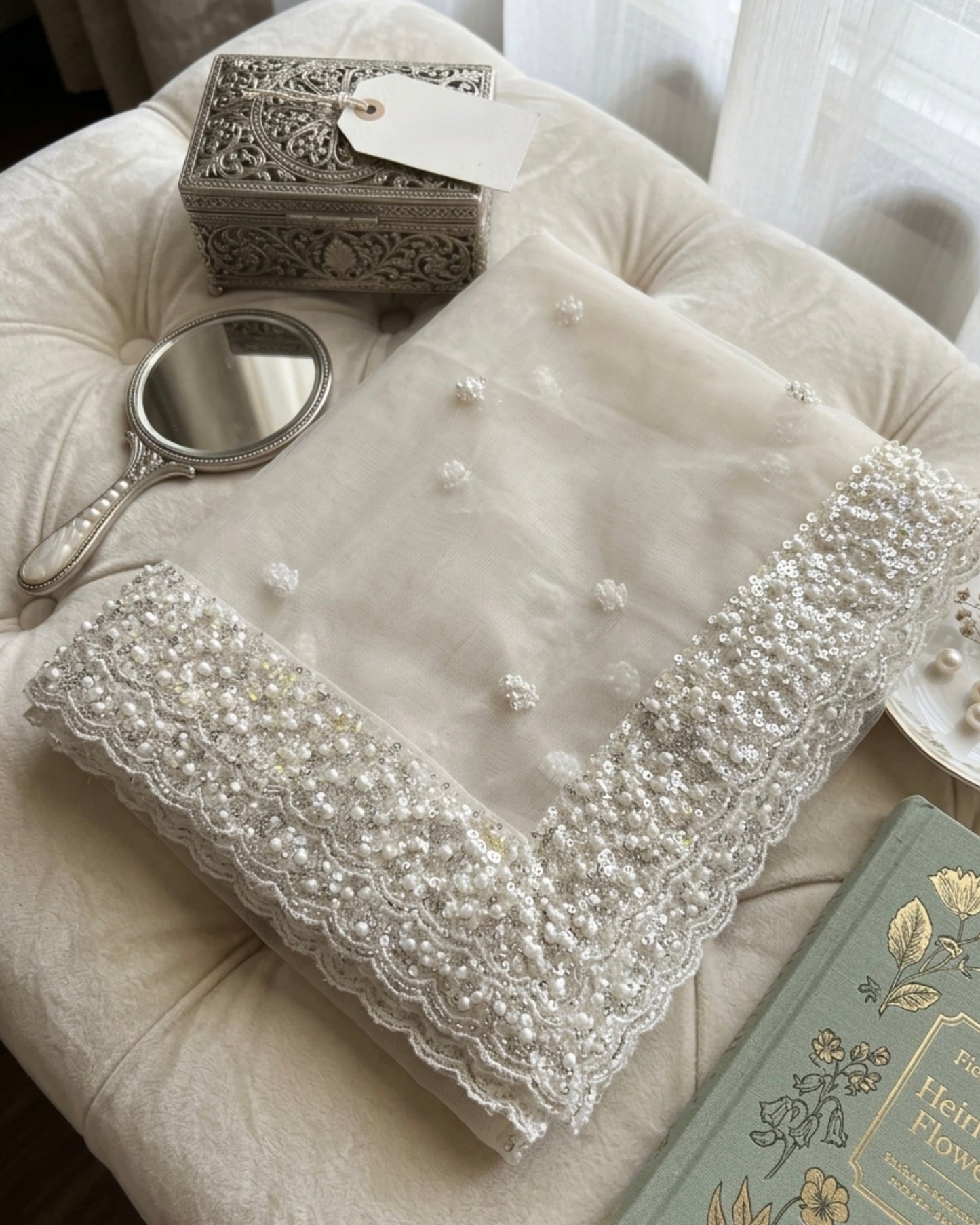 White Net Bridal Dupatta with Silver Sequins and Pearl Embellishments