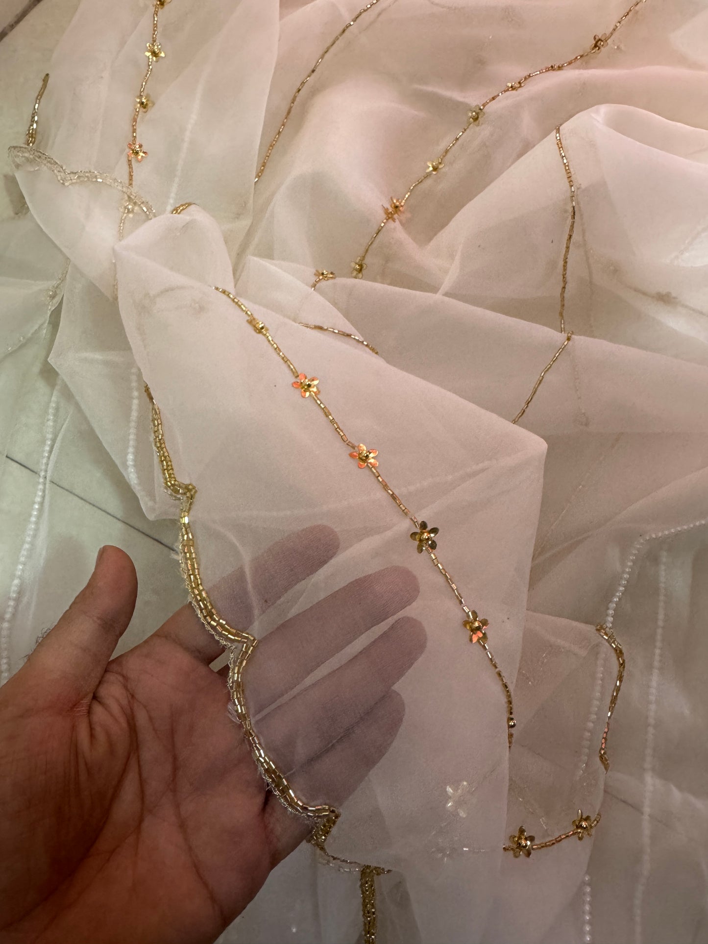 Organza Dupatta with Golden Beads & Pearl Work | Elegant Handmade Ethnic Dupatta